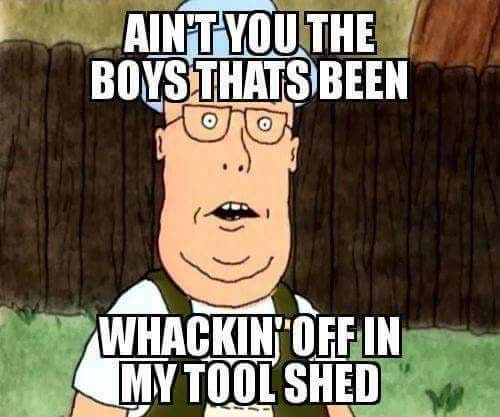 Ain't you the boys that's been whackin' off my tool shed?